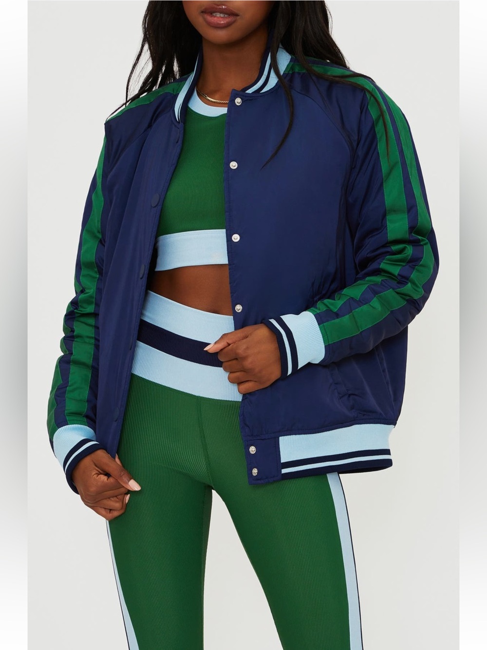 Beach Riot Flight Jacket Blue Green Stripe Satin Bomber Small NWOT